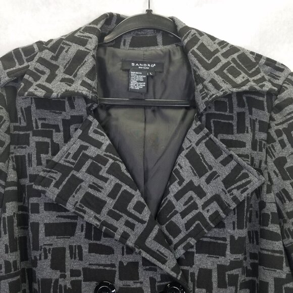 Sandro Sportswear Trench Coat Women's L Grey Black Lined Belted Double Breasted - Picture 2 of 16